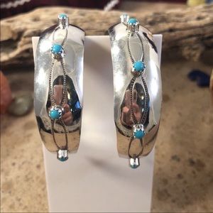 Vintage Navajo Turquoise Sterling Hoops